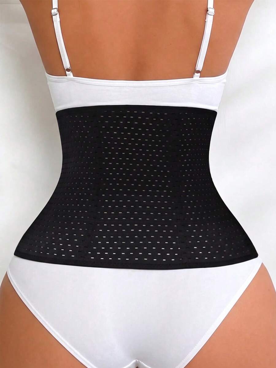 Black breathable women's waist shaping corset belt featuring 3 rows of hook closure and medium stretch knitted fabric.