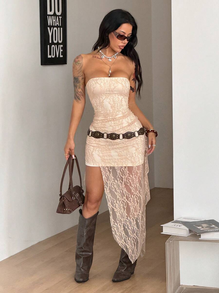 Black strapless lace asymmetrical long dress for women featuring ruched detailing, a split thigh, and a slim fit bodycon silhouette.