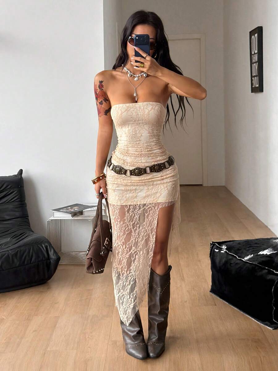 Black strapless lace asymmetrical long dress for women featuring ruched detailing, a split thigh, and a slim fit bodycon silhouette.