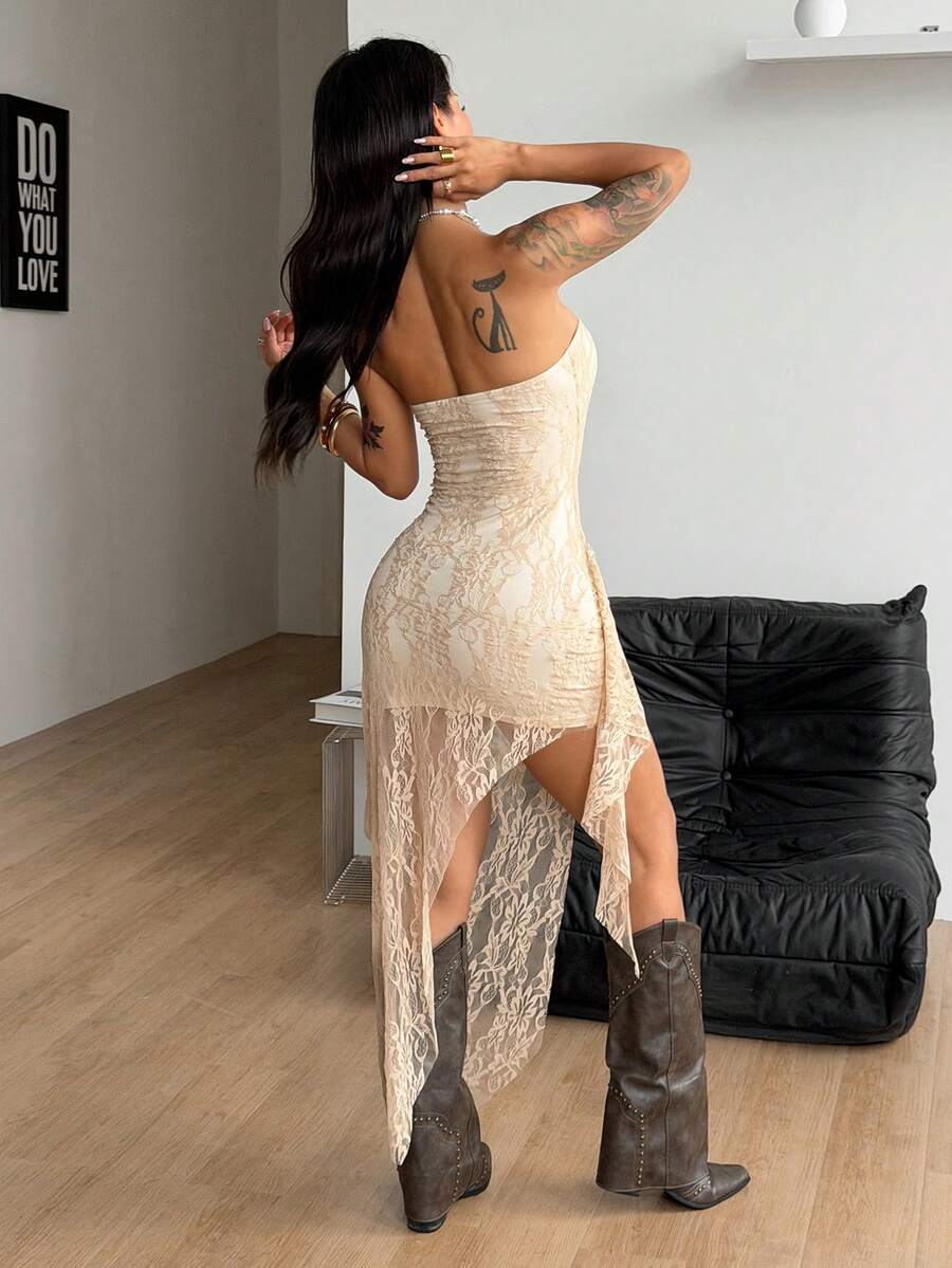Black strapless lace asymmetrical long dress for women featuring ruched detailing, a split thigh, and a slim fit bodycon silhouette.