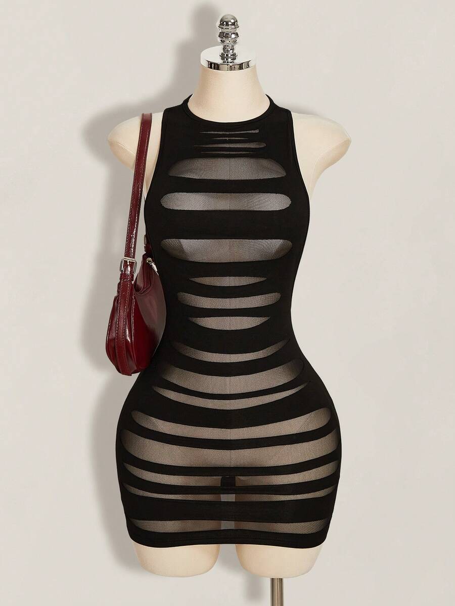 Apricot criss-cross backless bodycon mini dress for women featuring a round neck and rhinestone accent details.