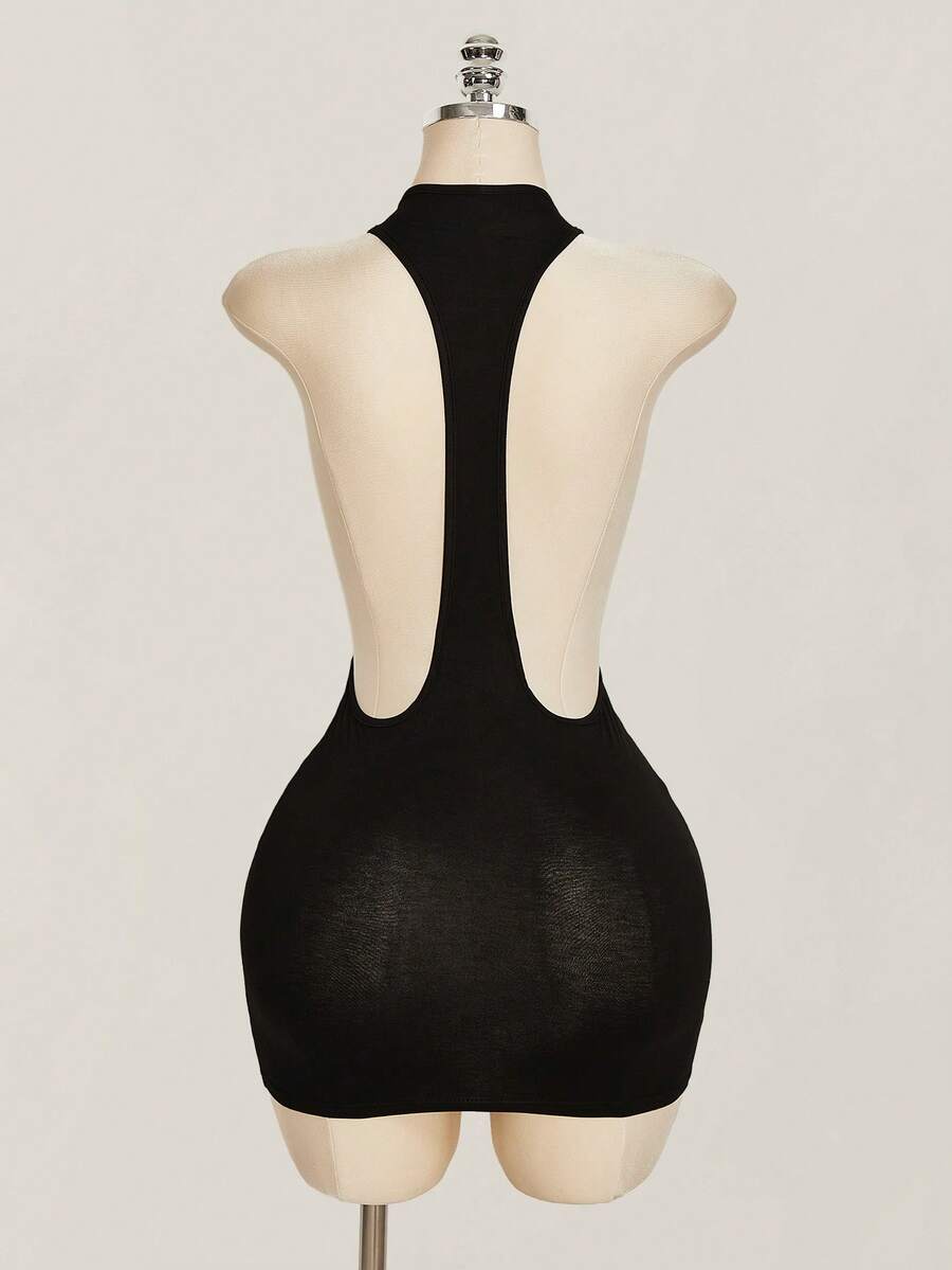 Apricot criss-cross backless bodycon mini dress for women featuring a round neck and rhinestone accent details.