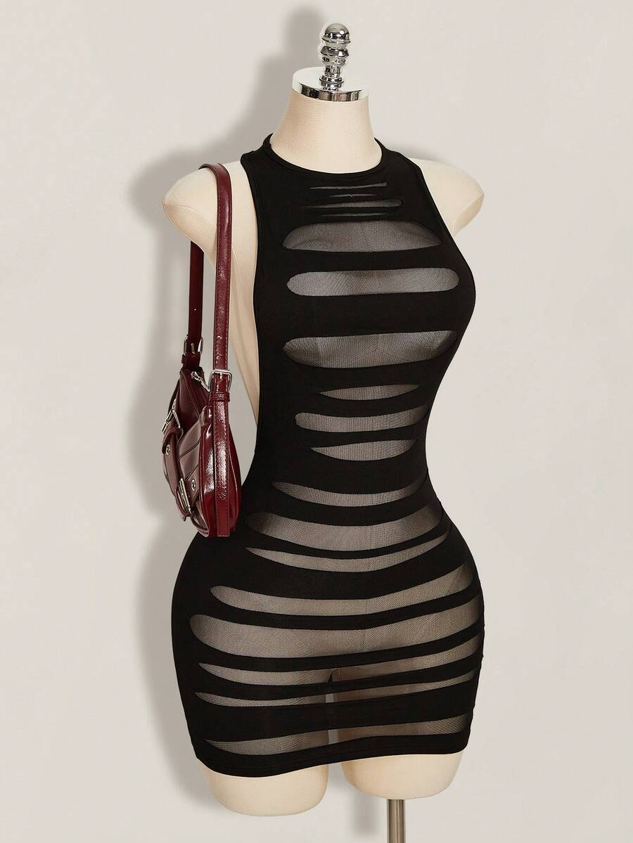 Apricot criss-cross backless bodycon mini dress for women featuring a round neck and rhinestone accent details.