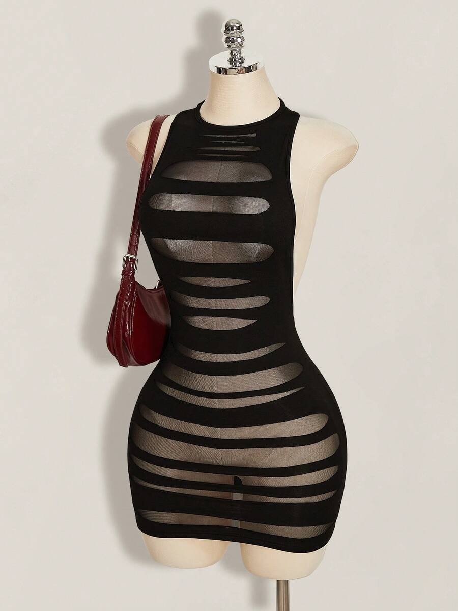 Apricot criss-cross backless bodycon mini dress for women featuring a round neck and rhinestone accent details.