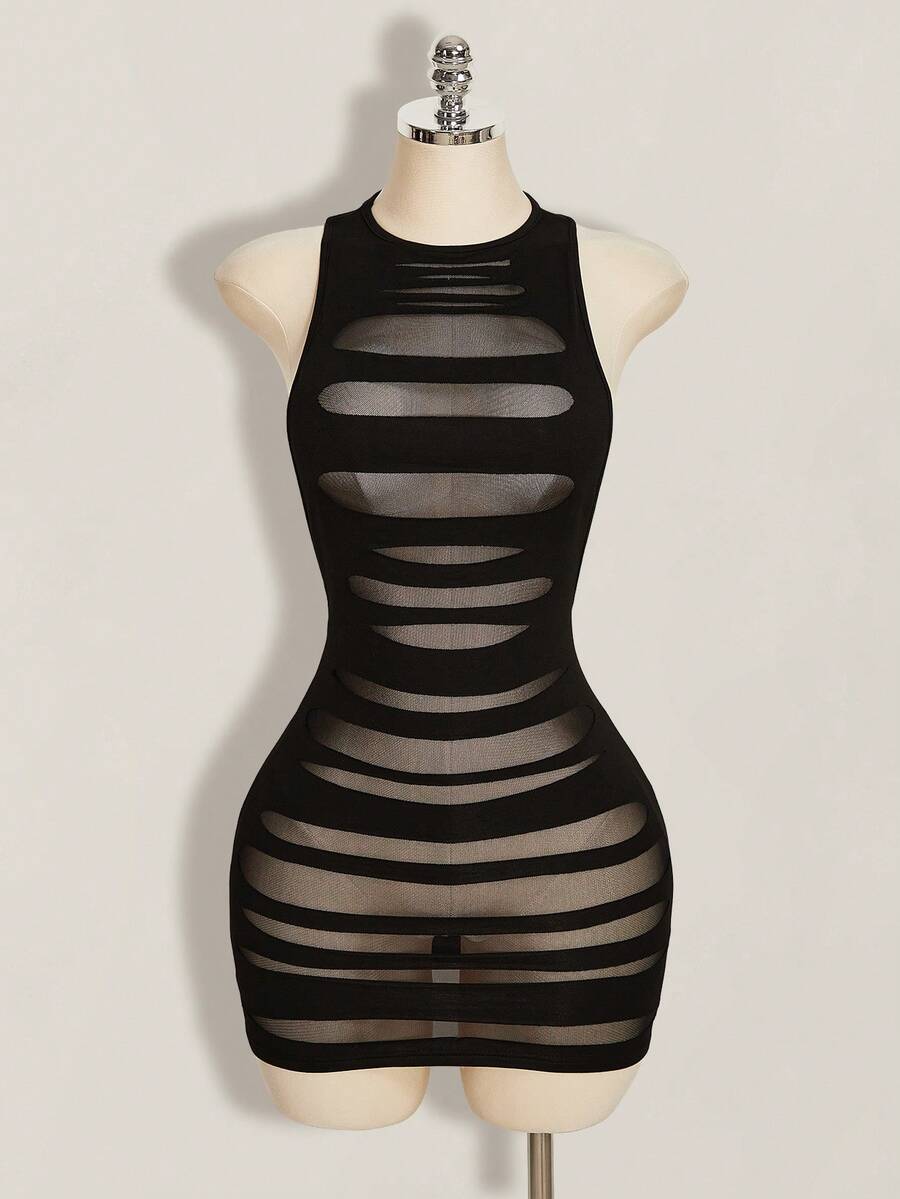 Apricot criss-cross backless bodycon mini dress for women featuring a round neck and rhinestone accent details.