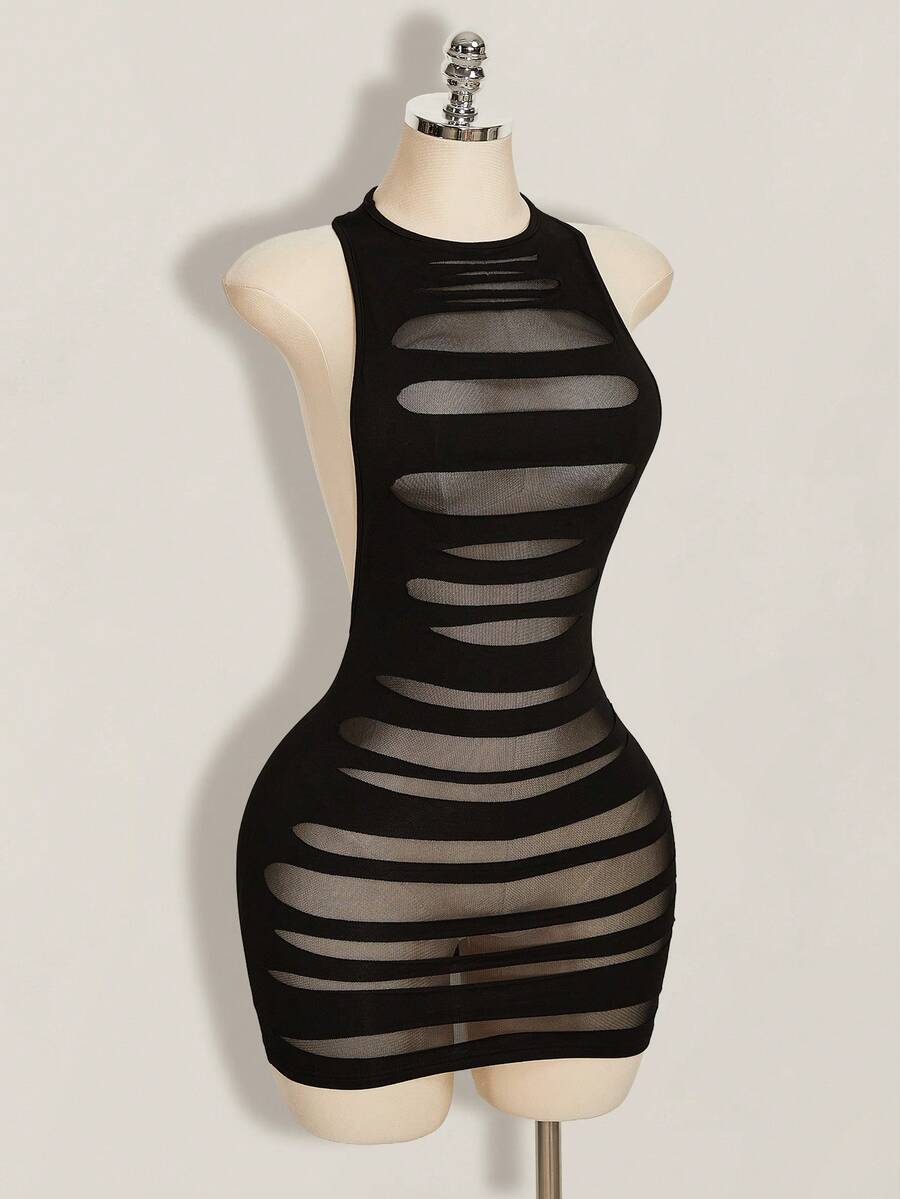Apricot criss-cross backless bodycon mini dress for women featuring a round neck and rhinestone accent details.