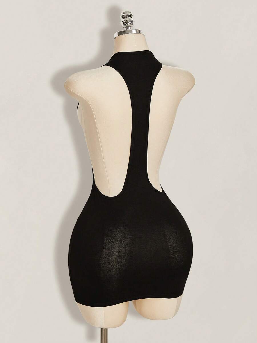 Apricot criss-cross backless bodycon mini dress for women featuring a round neck and rhinestone accent details.
