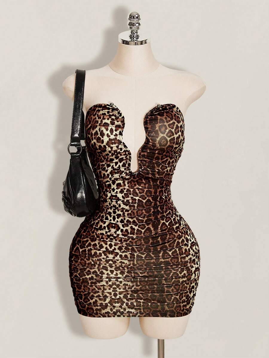 Women's apricot sequin strapless mini bodycon dress featuring cup detail and separate arm sleeves.