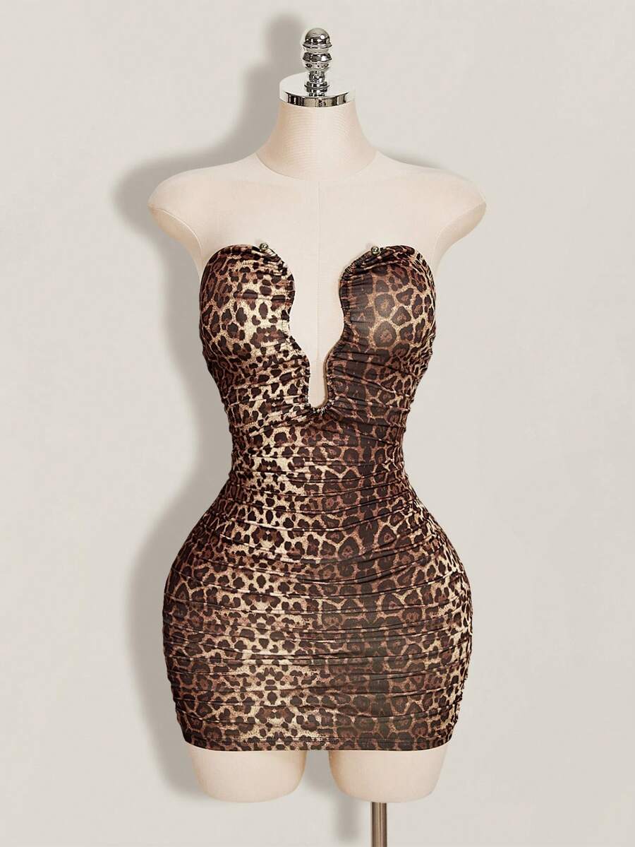 Women's apricot sequin strapless mini bodycon dress featuring cup detail and separate arm sleeves.