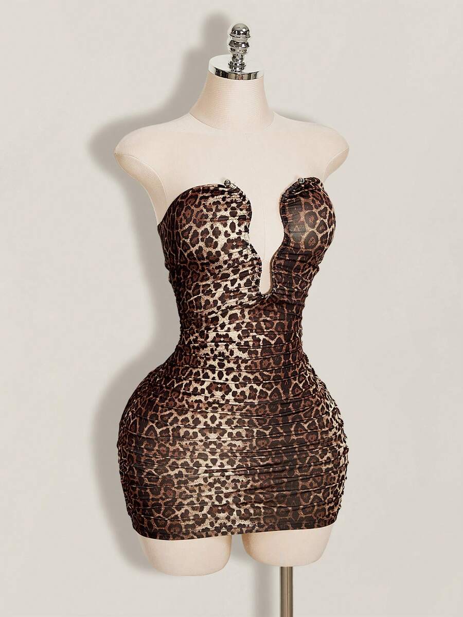 Women's apricot sequin strapless mini bodycon dress featuring cup detail and separate arm sleeves.