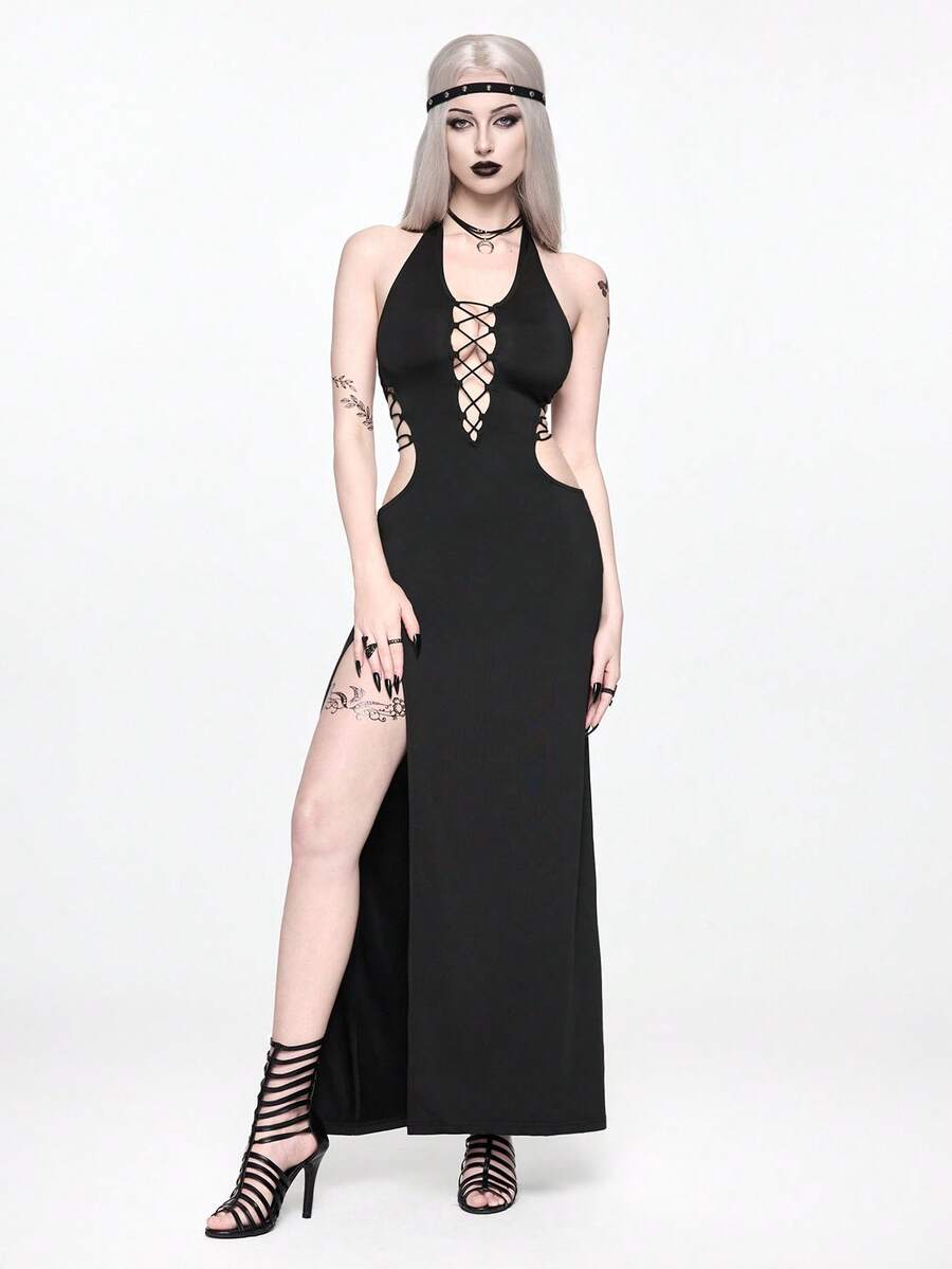 Front view of women's black halter backless maxi dress featuring a high split thigh and slim fit bodycon silhouette.