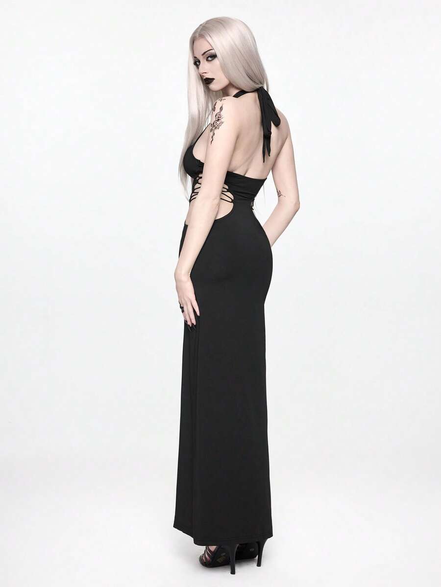 Front view of women's black halter backless maxi dress featuring a high split thigh and slim fit bodycon silhouette.