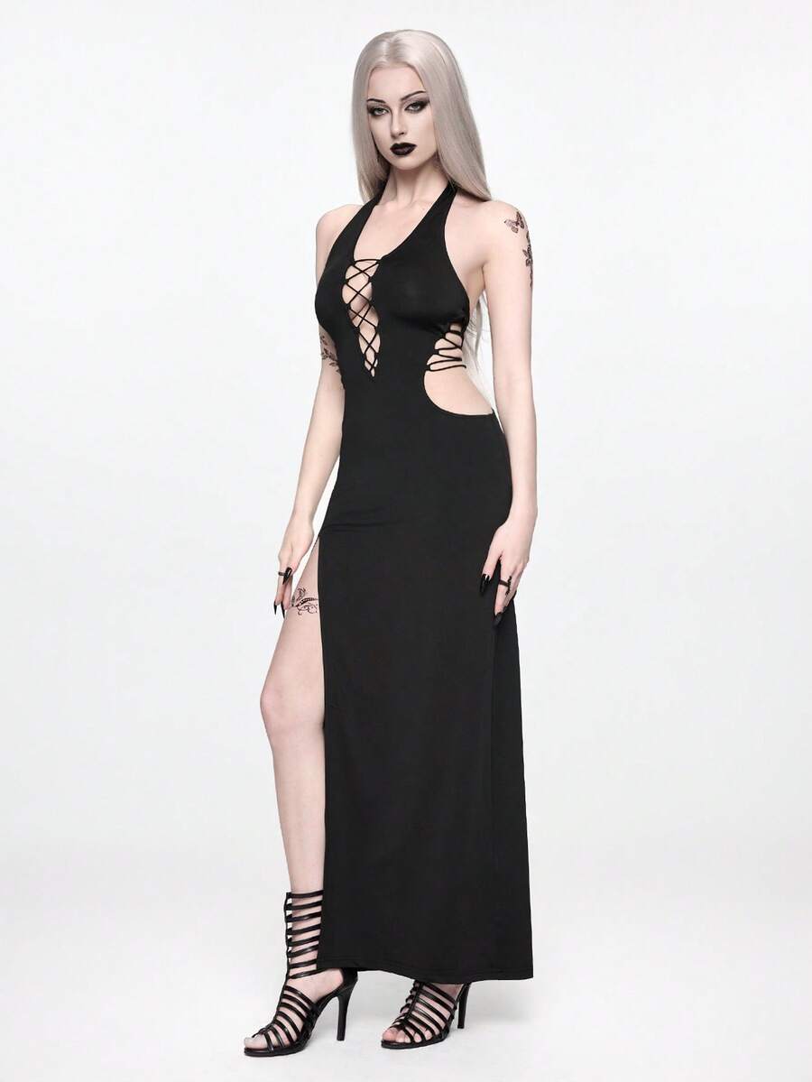Front view of women's black halter backless maxi dress featuring a high split thigh and slim fit bodycon silhouette.