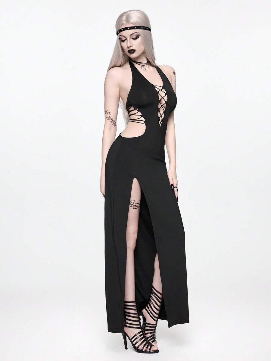 Front view of women's black halter backless maxi dress featuring a high split thigh and slim fit bodycon silhouette.