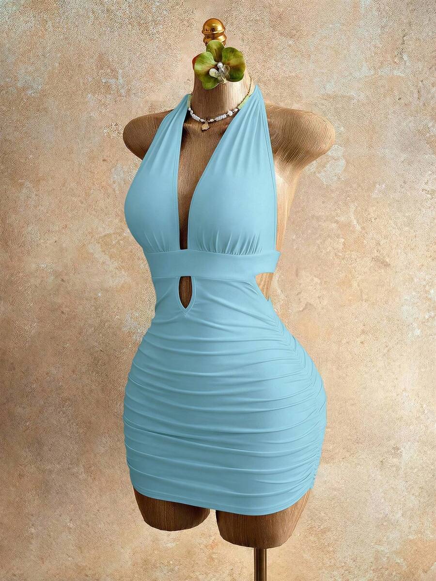 Sleeveless women's halter backless bodycon mini dress featuring lace-up knot back details and a high-waist pencil hem.