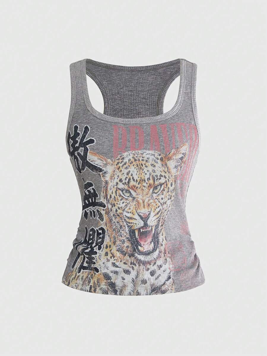 Black rib-knit scoop neck tank top featuring leopard print and graphic lettering for women.