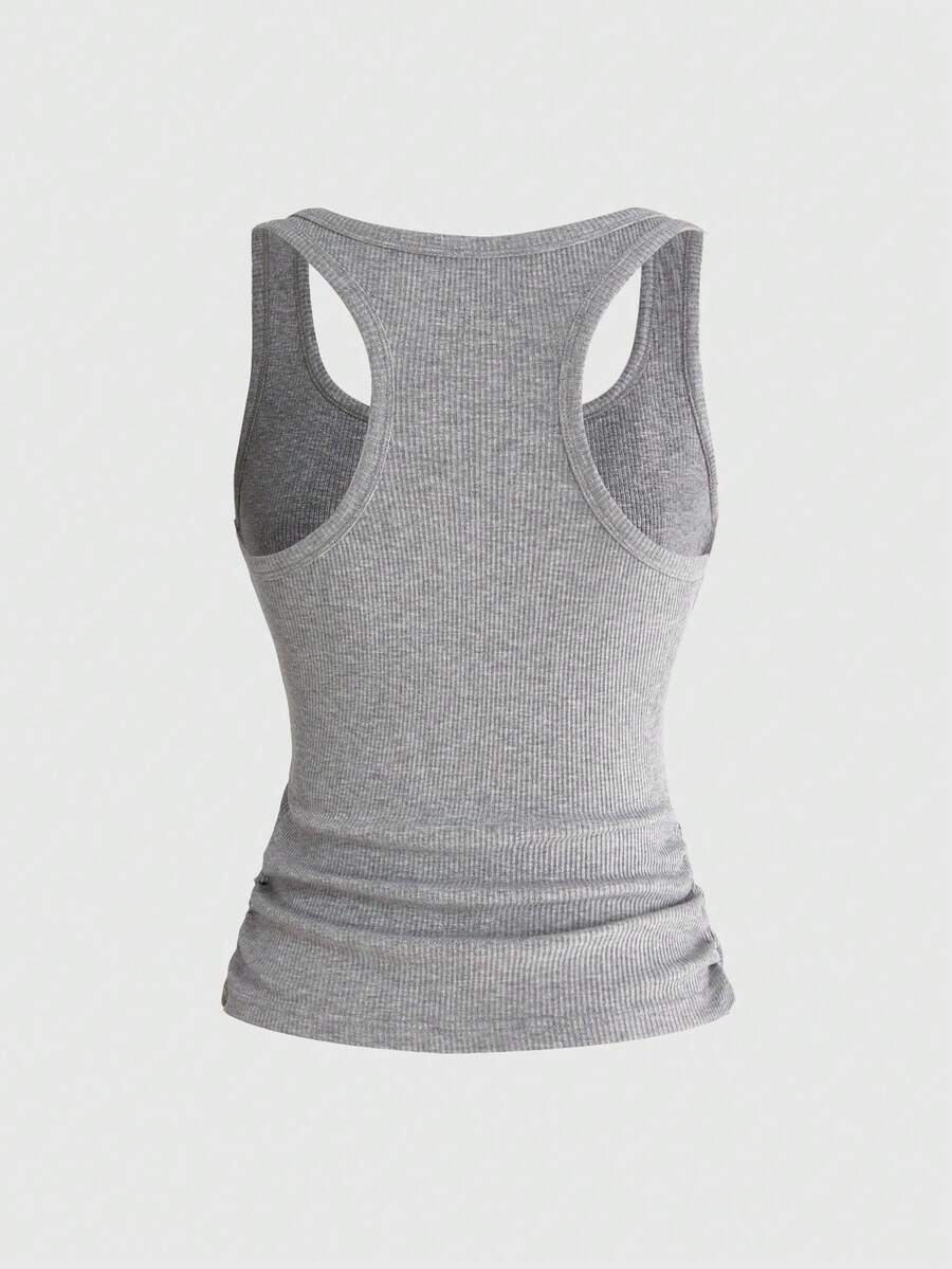 Black rib-knit scoop neck tank top featuring leopard print and graphic lettering for women.