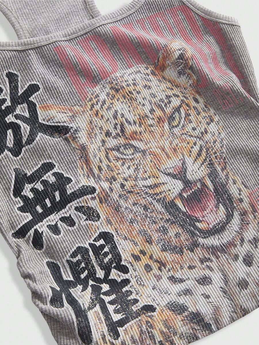 Black rib-knit scoop neck tank top featuring leopard print and graphic lettering for women.