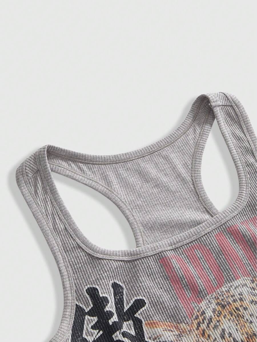 Black rib-knit scoop neck tank top featuring leopard print and graphic lettering for women.