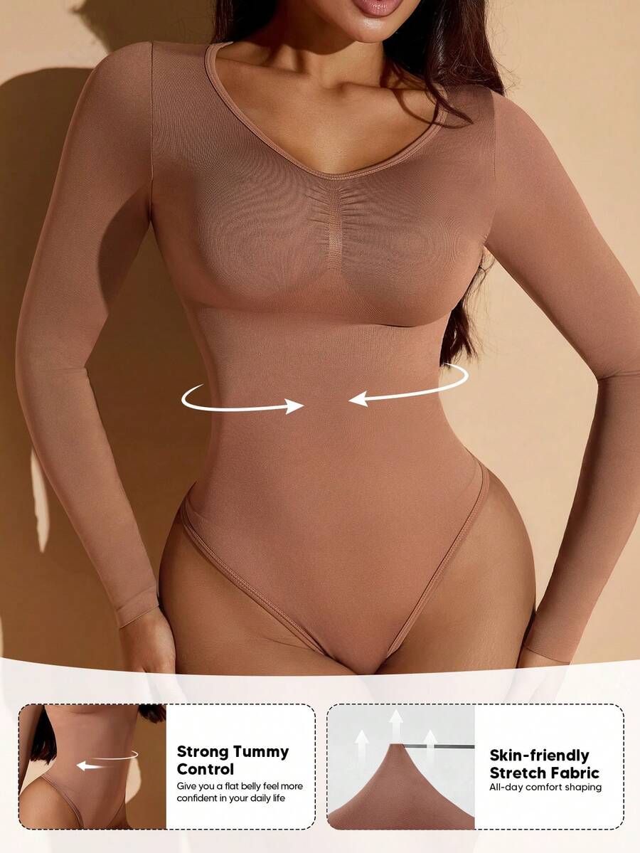 Women's long sleeve shapewear bodysuit featuring tummy control and waist training support