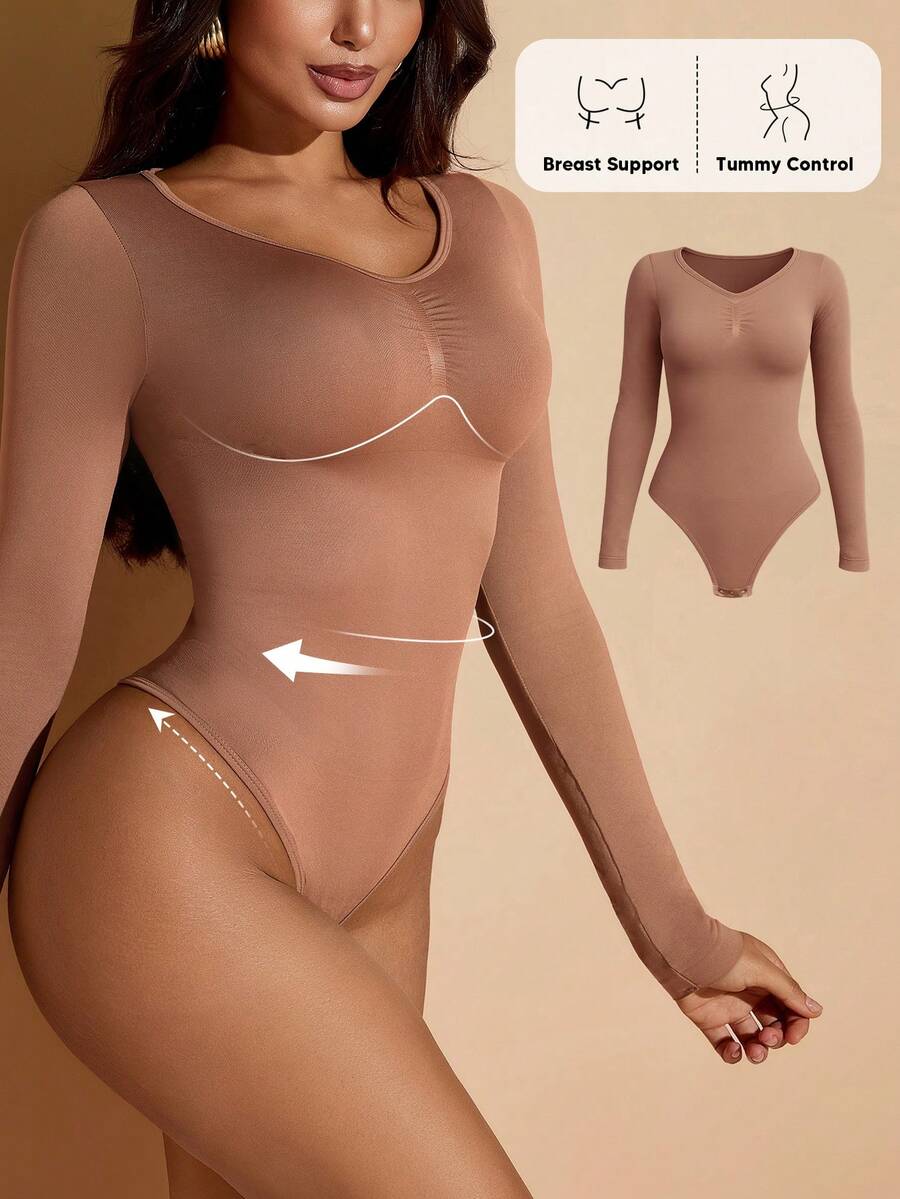 Women's long sleeve shapewear bodysuit featuring tummy control and waist training support