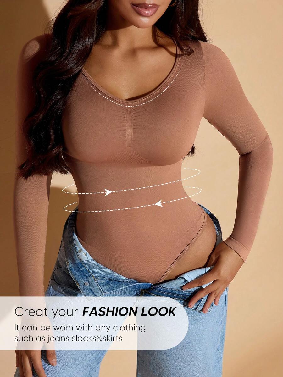 Women's long sleeve shapewear bodysuit featuring tummy control and waist training support