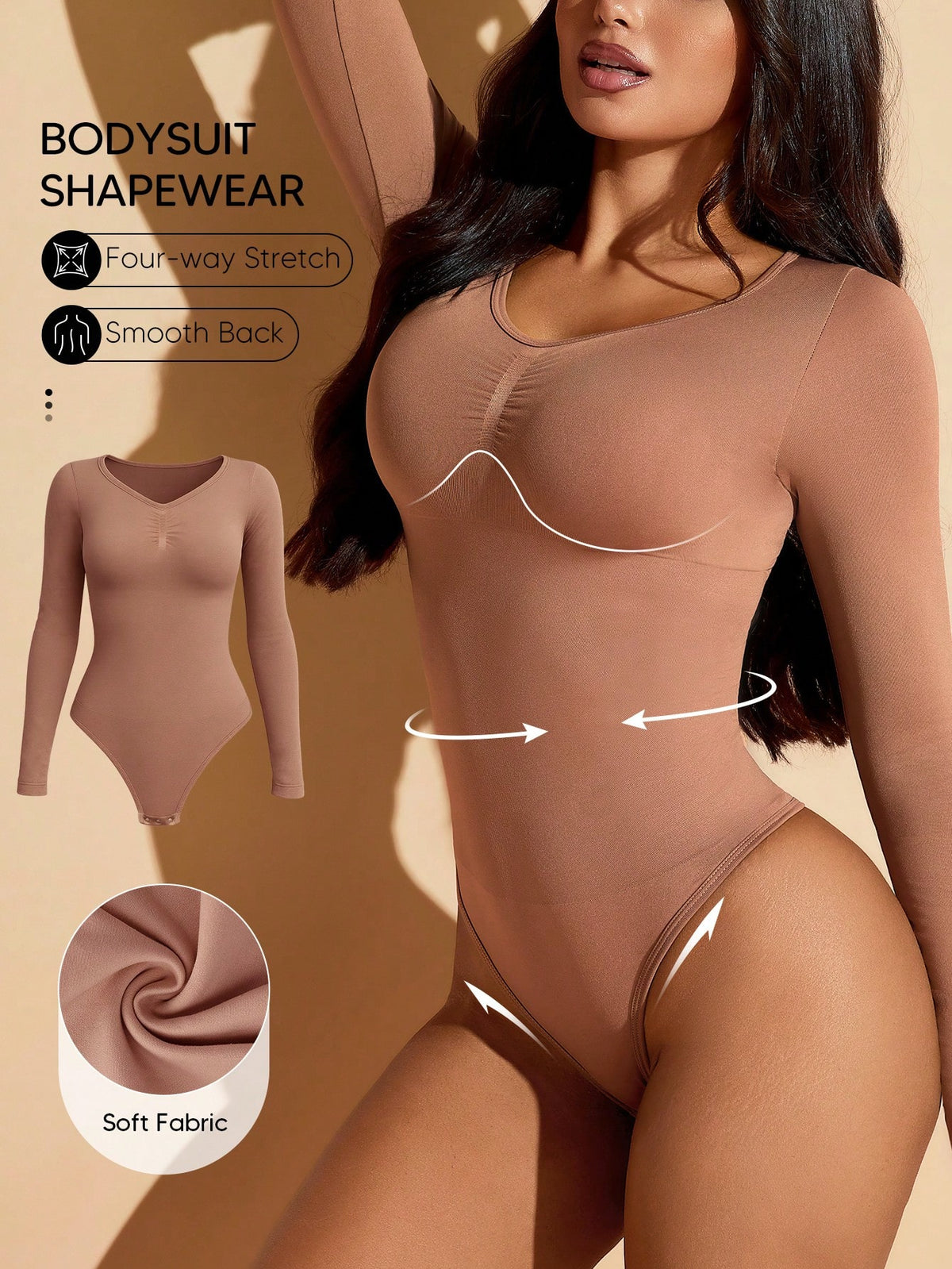 Women's long sleeve shapewear bodysuit featuring tummy control and waist training support