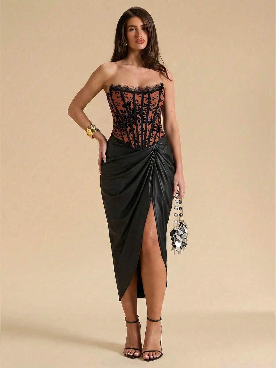 Women's strapless bustier crop top with contrast lace, lace-up detail, and an asymmetric hem in a slim-fit satin finish.