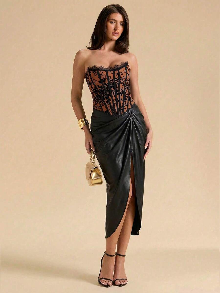 Women's strapless bustier crop top with contrast lace, lace-up detail, and an asymmetric hem in a slim-fit satin finish.