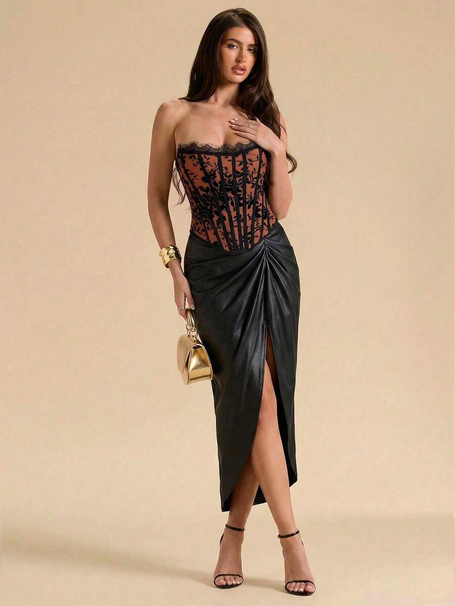 Women's strapless bustier crop top with contrast lace, lace-up detail, and an asymmetric hem in a slim-fit satin finish.
