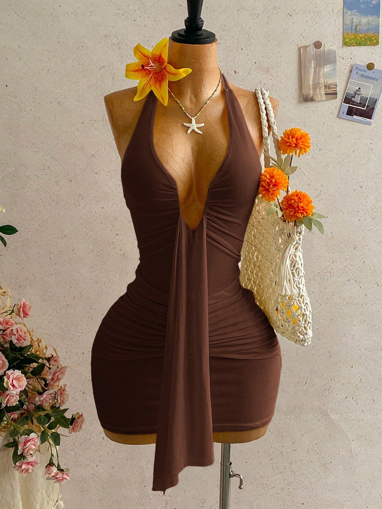 Women's Pale Yellow Halter Mini Dress,Deep V-Neck Ruched Bow Tie Summer Casual Sundress,Perfect For Holiday,Vacation,Beach,Party & Music Festival