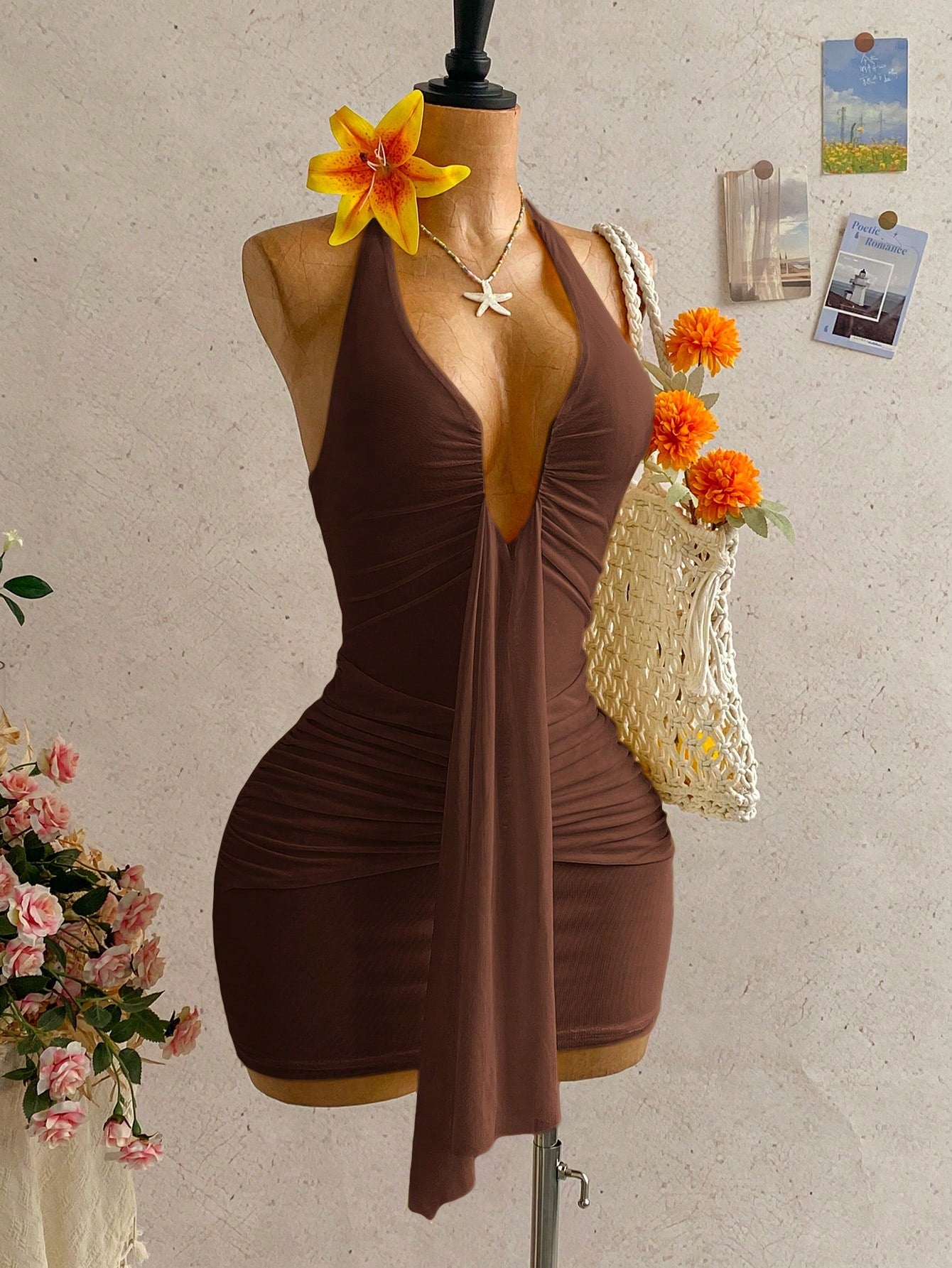 Women's Pale Yellow Halter Mini Dress,Deep V-Neck Ruched Bow Tie Summer Casual Sundress,Perfect For Holiday,Vacation,Beach,Party & Music Festival