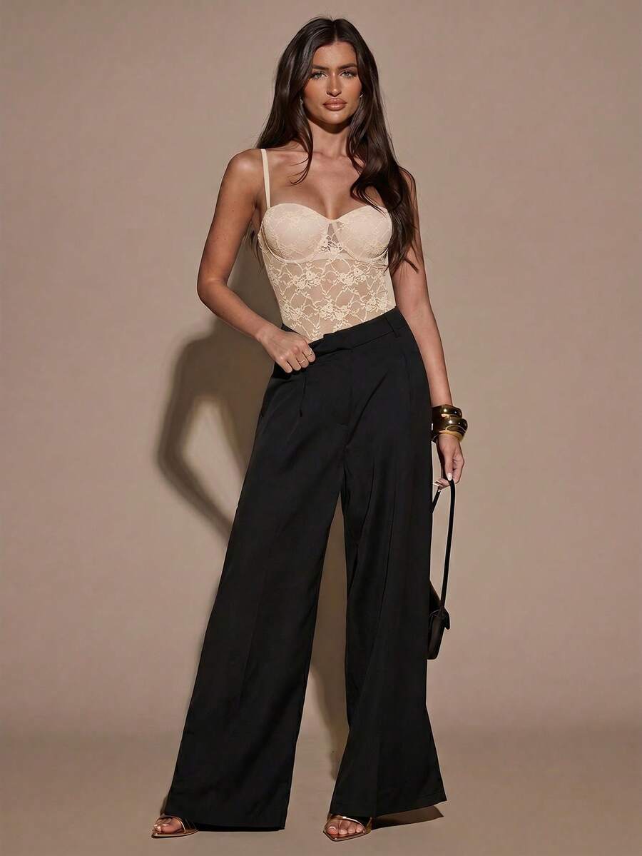 Apricot women's lace sheer camisole top featuring spaghetti straps, contrast lace trim, backless slim fit design, and knitted stretch fabric.