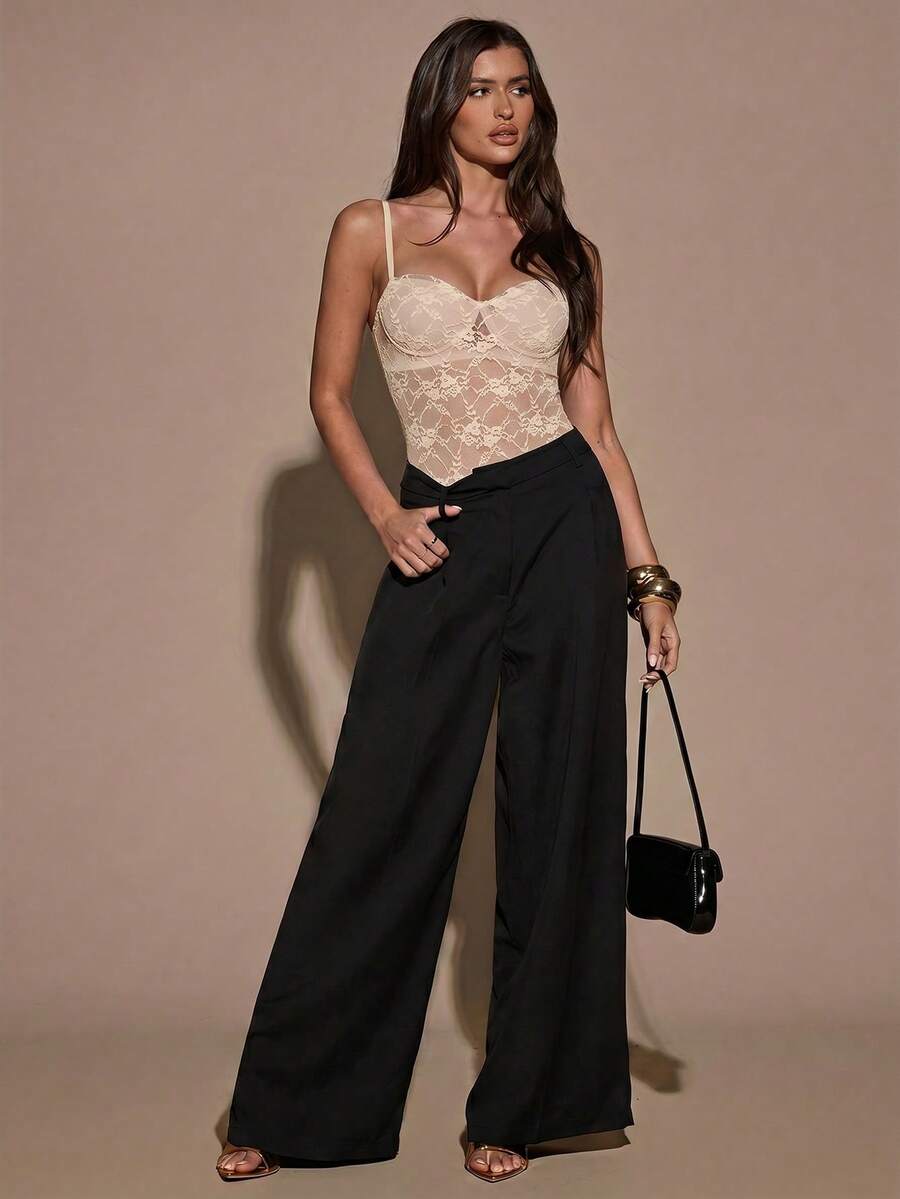 Apricot women's lace sheer camisole top featuring spaghetti straps, contrast lace trim, backless slim fit design, and knitted stretch fabric.