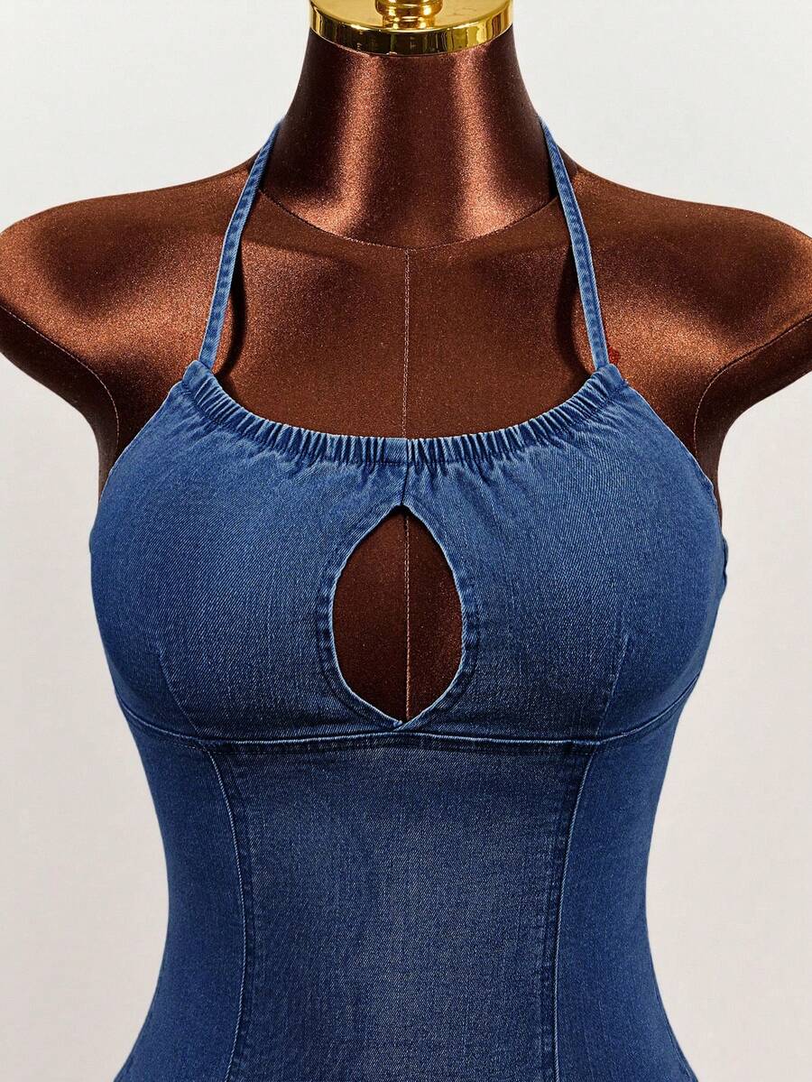 Women's blue denim halter mini dress featuring front cut-out details and a flounce ruffle hem.