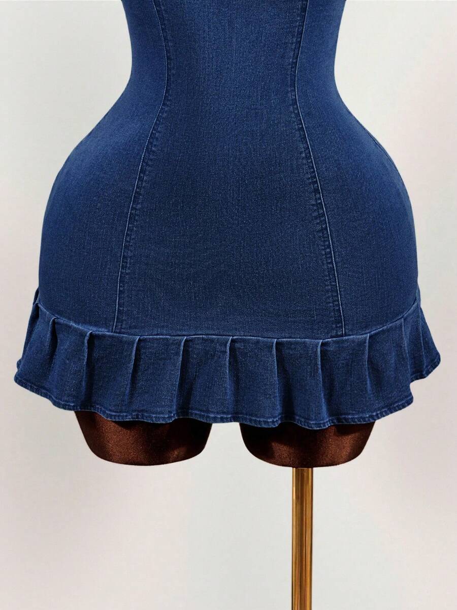 Women's blue denim halter mini dress featuring front cut-out details and a flounce ruffle hem.