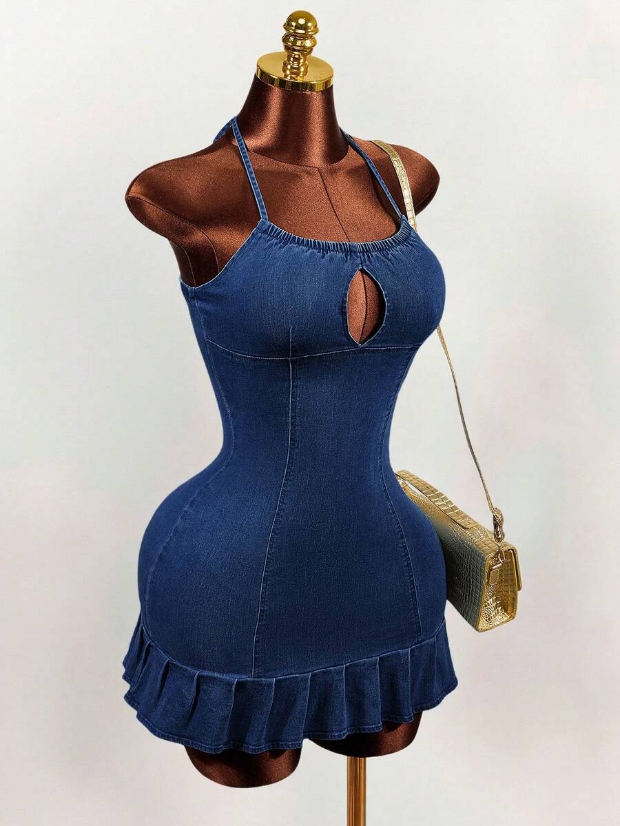 Women's blue denim halter mini dress featuring front cut-out details and a flounce ruffle hem.