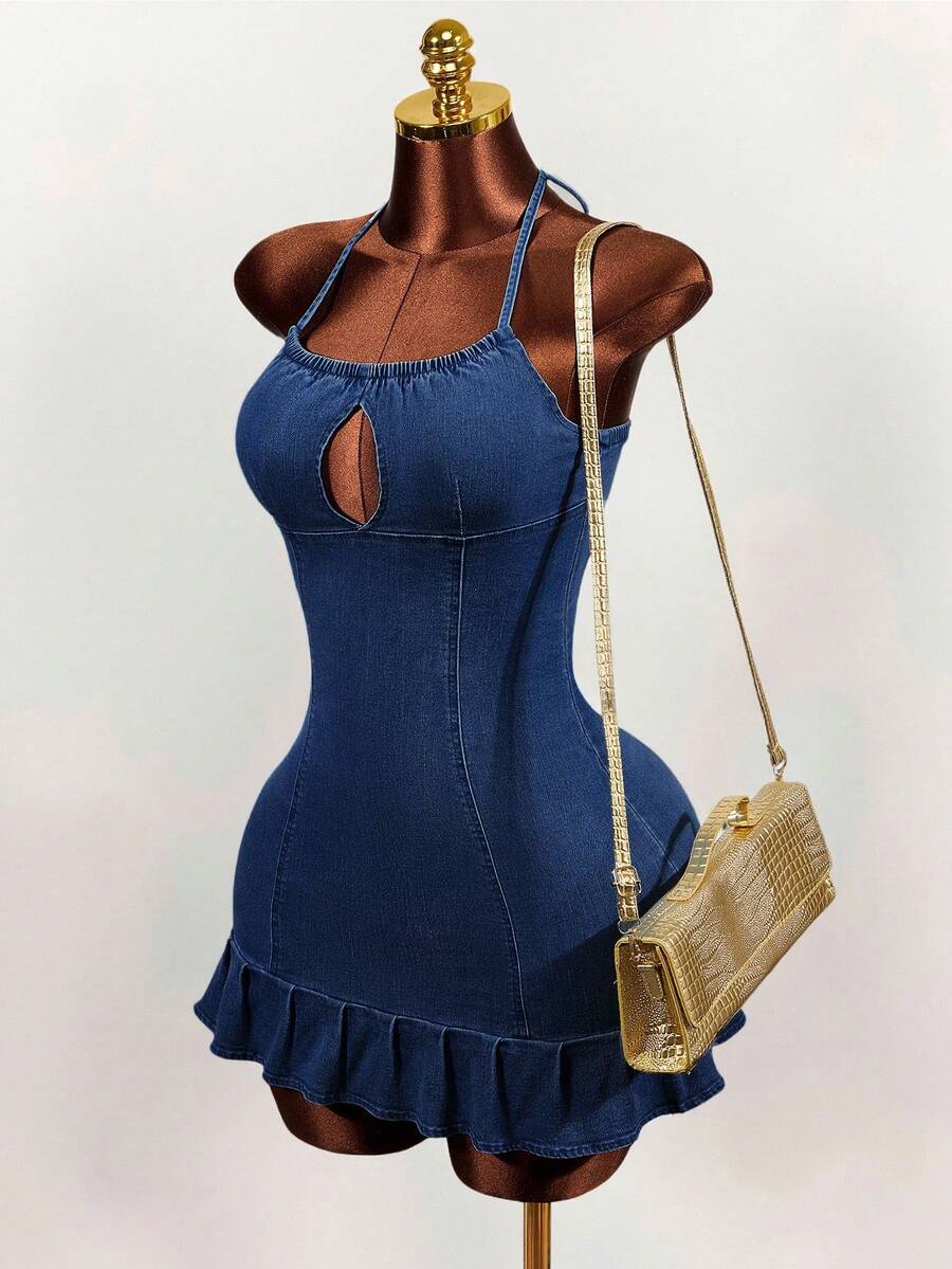 Women's blue denim halter mini dress featuring front cut-out details and a flounce ruffle hem.