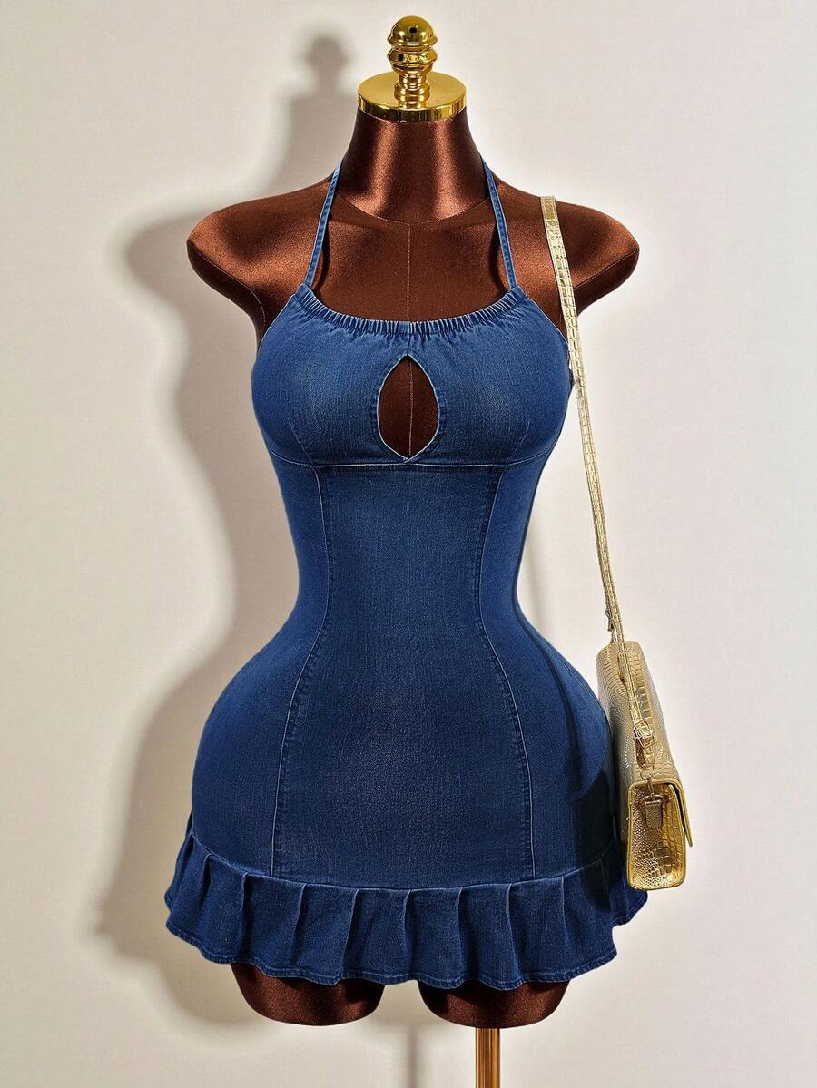 Women's blue denim halter mini dress featuring front cut-out details and a flounce ruffle hem.