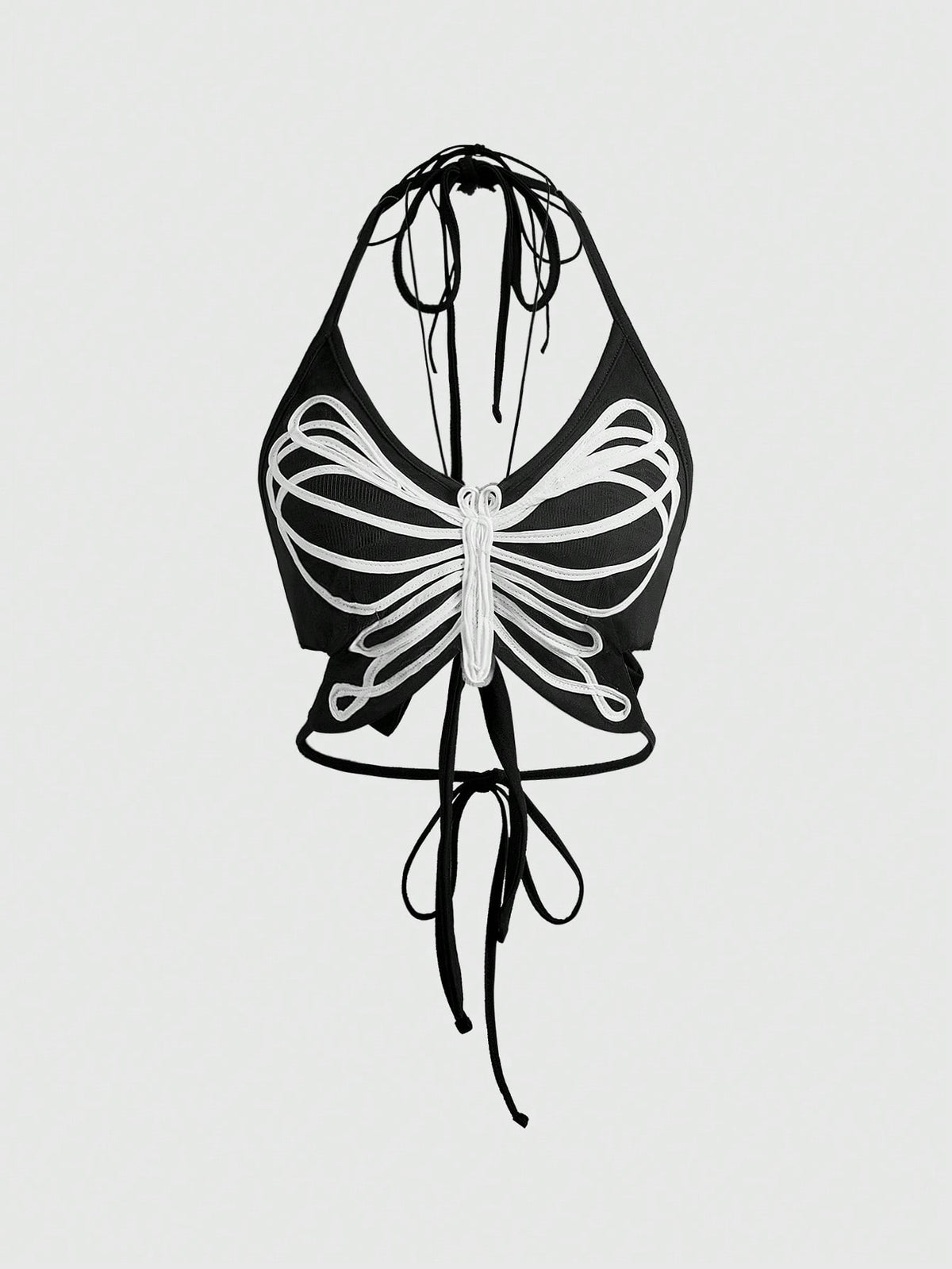 Black gothic halter crop tank top featuring a butterfly skeleton applique, front twist detail, and asymmetrical hem on slim-fit stretch fabric.