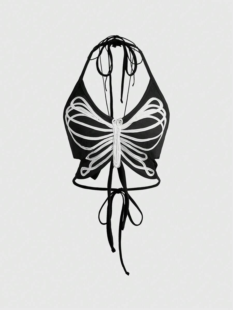Black gothic halter crop tank top featuring a butterfly skeleton applique, front twist detail, and asymmetrical hem on slim-fit stretch fabric.