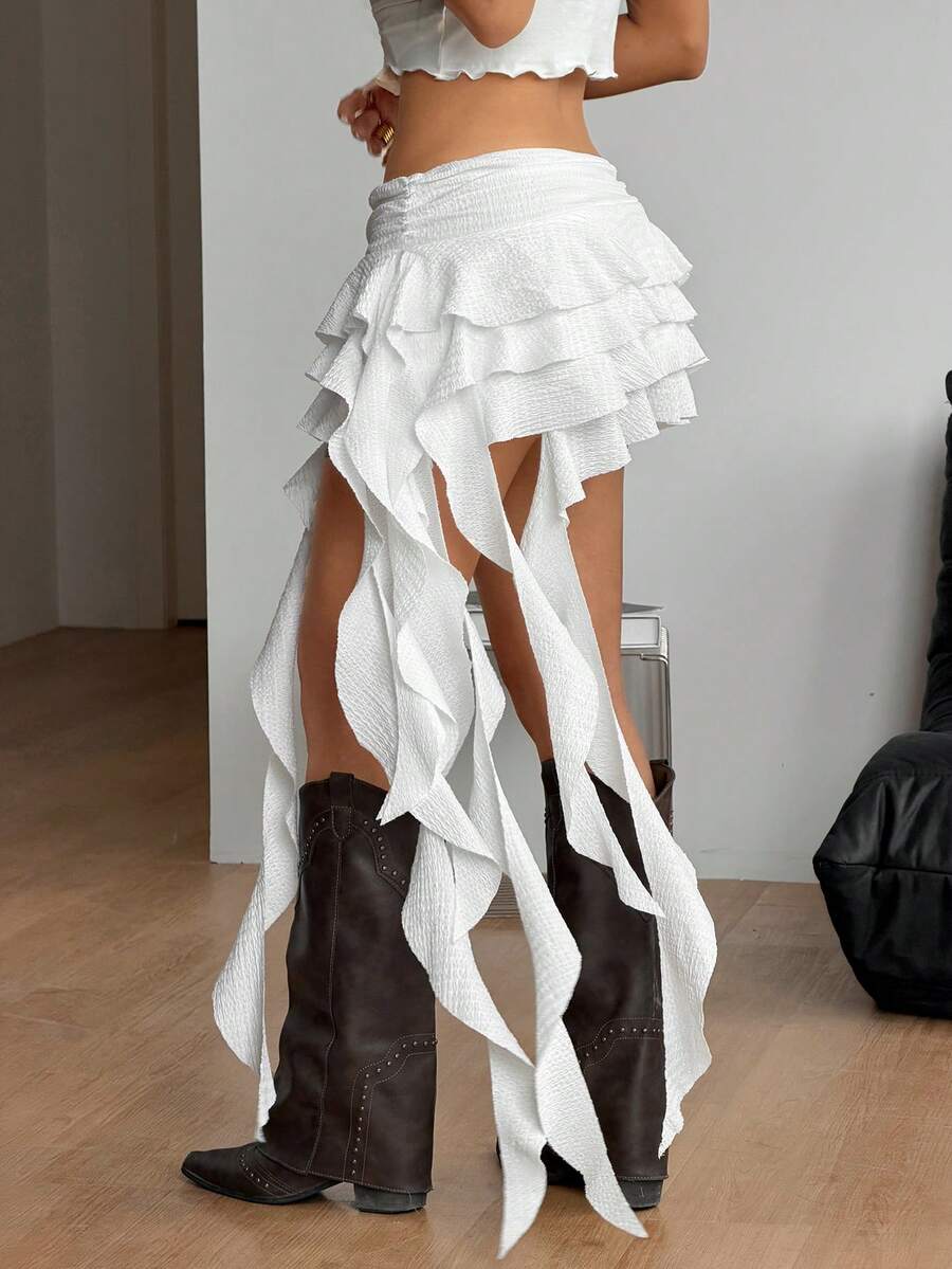 White tiered lace mini skirt with asymmetrical ruched layers and low waist design for women