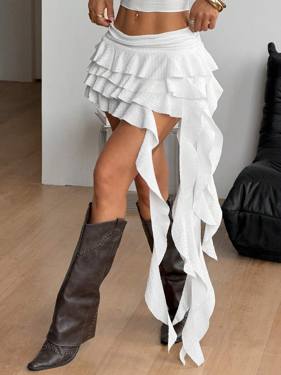 White tiered lace mini skirt with asymmetrical ruched layers and low waist design for women