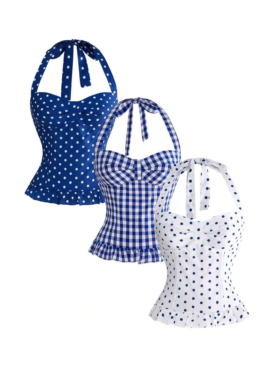 Pink plaid backless halter camisole set with ruched bust, knot detail, and ruffle hem for women.