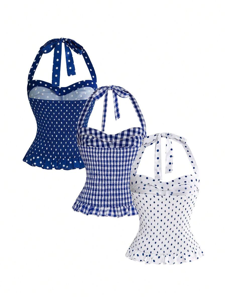 Pink plaid backless halter camisole set with ruched bust, knot detail, and ruffle hem for women.
