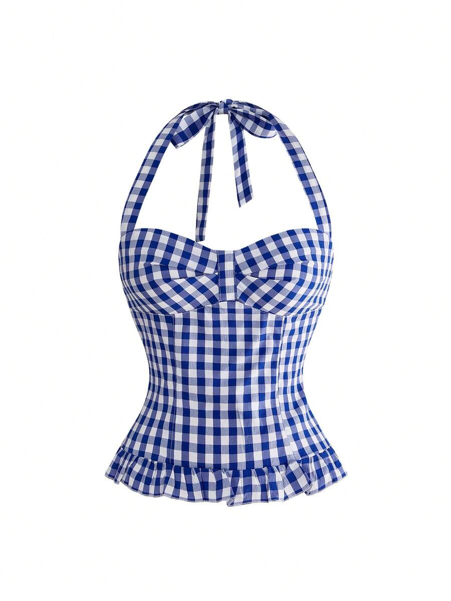 Pink plaid backless halter camisole set with ruched bust, knot detail, and ruffle hem for women.