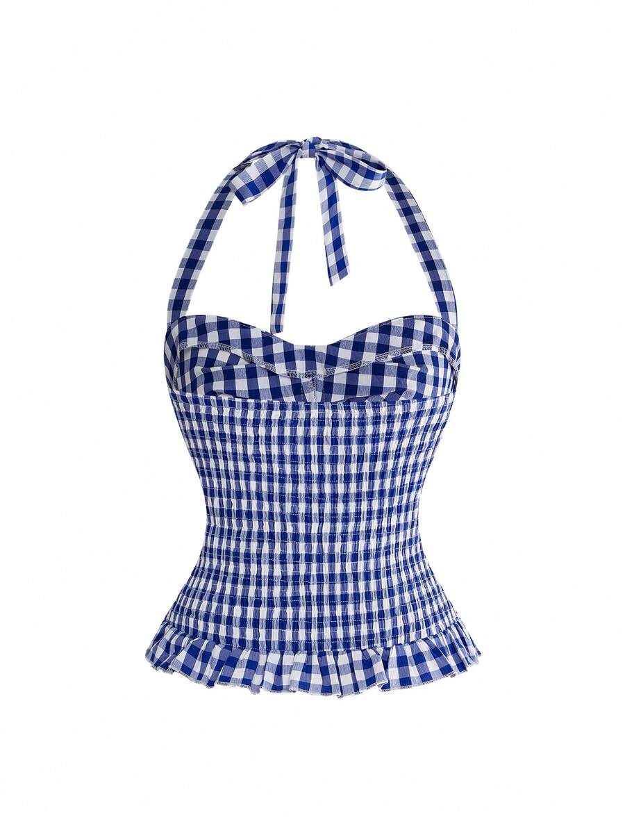 Pink plaid backless halter camisole set with ruched bust, knot detail, and ruffle hem for women.