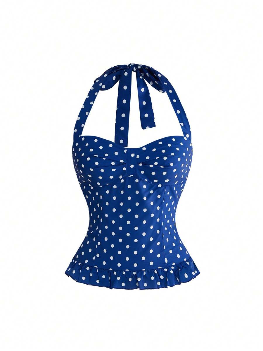 Pink plaid backless halter camisole set with ruched bust, knot detail, and ruffle hem for women.