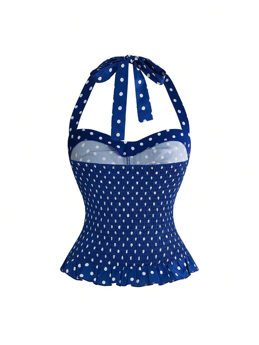 Pink plaid backless halter camisole set with ruched bust, knot detail, and ruffle hem for women.