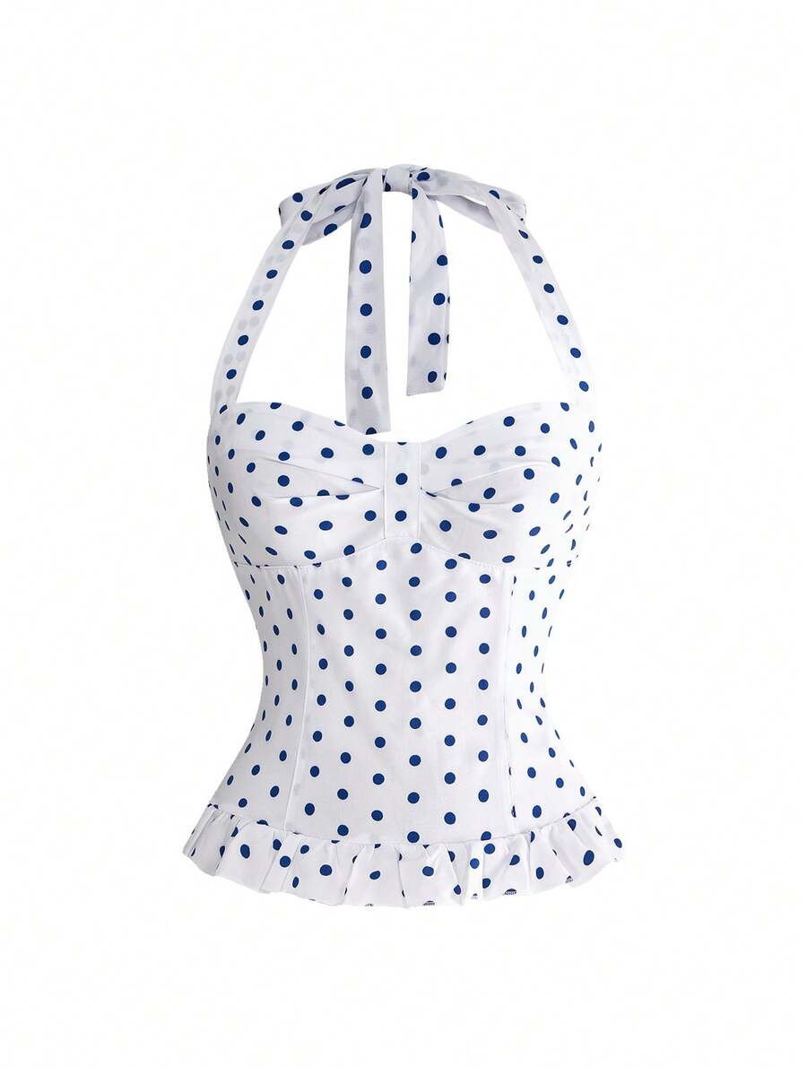 Pink plaid backless halter camisole set with ruched bust, knot detail, and ruffle hem for women.